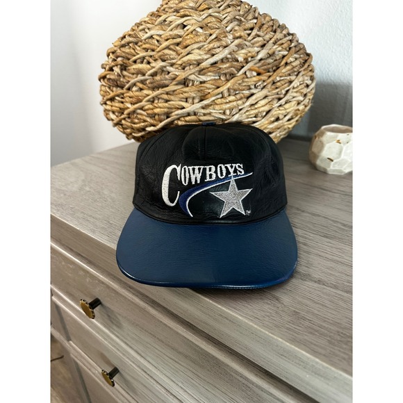 Vintage Dallas Cowboys Leather Baseball Hat Adjustable Blue Silver Star Logo NFL